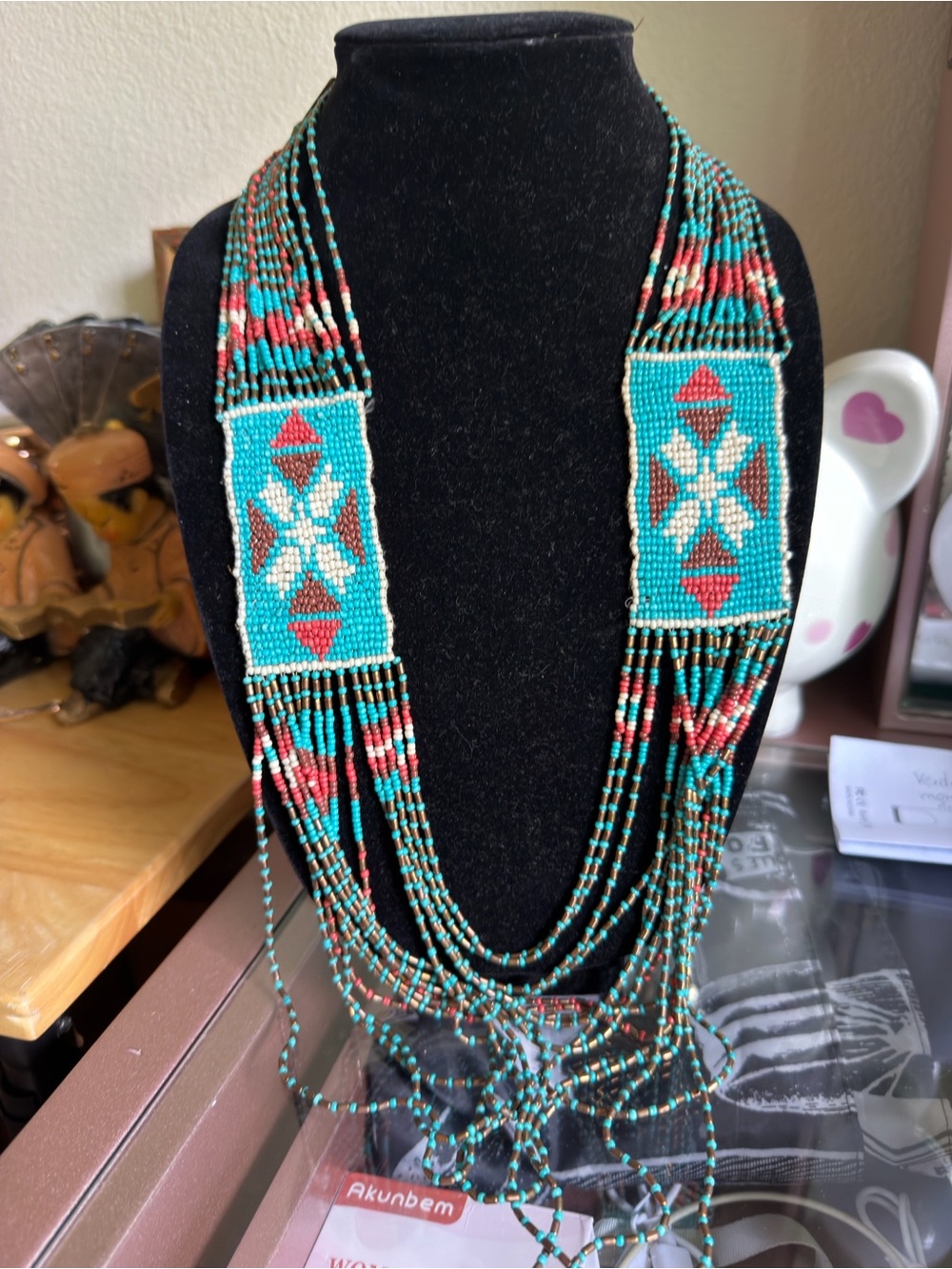 Handmade Turquoise Beaded Fringe Necklace - Native Style
